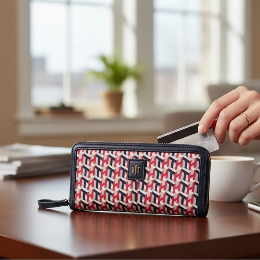 Tommy Hilfiger Julia Cube Print Nylon Red and Navy Patterned Wallet EUC